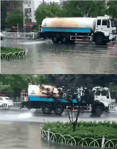 山东聊城洒水车下雨天作业太奇葩？环卫处：清淤效果更佳