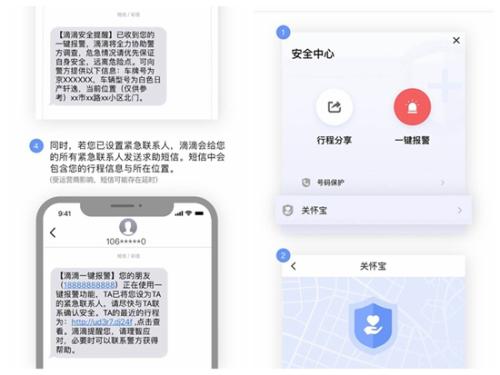 滴滴出行APP“一键报警”及相关短信展示。截图 滴滴出行APP“一键报警”及相关短信展示。截图