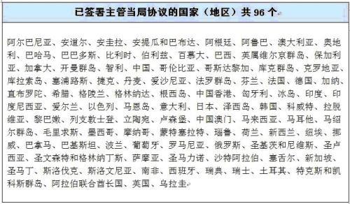 图注:已签署主管当局协议的国家(地区)共96个,表格不断更新中。图片来源:国家税务总局官网