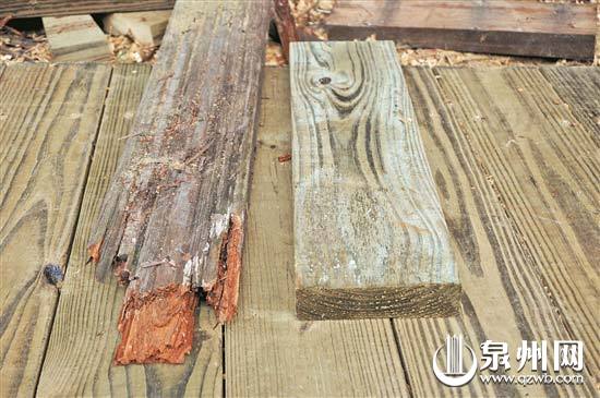新旧木板对比,右为添加了防腐剂的新木板,左为碳化木的旧木板。 新旧木板对比,右为添加了防腐剂的新木板,左为碳化木的旧木板。