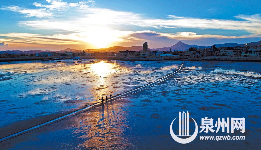 彩霞映照下的奎霞村滩涂(陈英杰 摄) 彩霞映照下的奎霞村滩涂(陈英杰 摄)