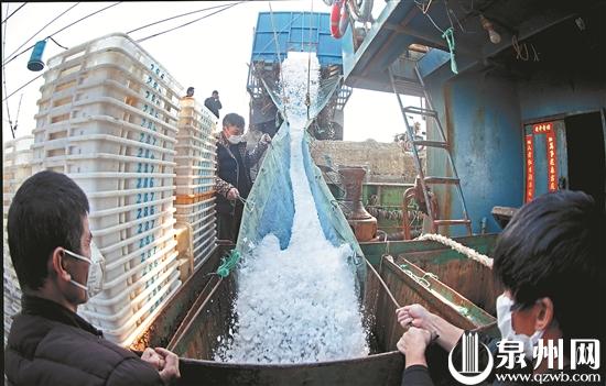 图为船员为渔船装冰。